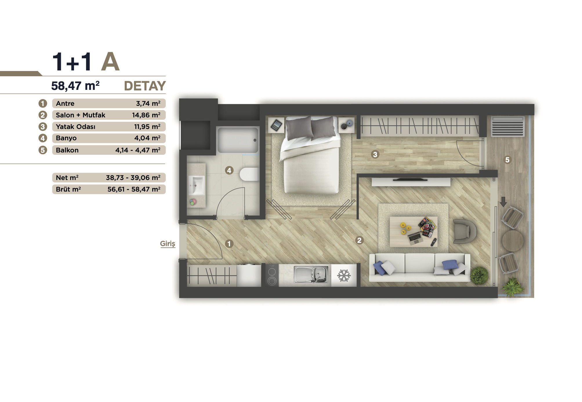 1+1 mobilyalı kat planı