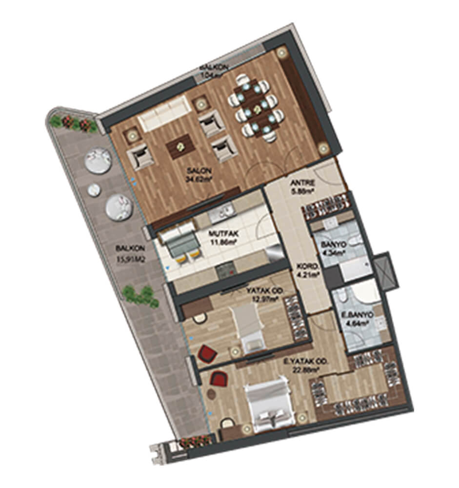2+1 mobilyalı kat planı