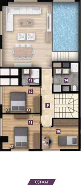 4+1 Dubleks mobilyalı kat planı