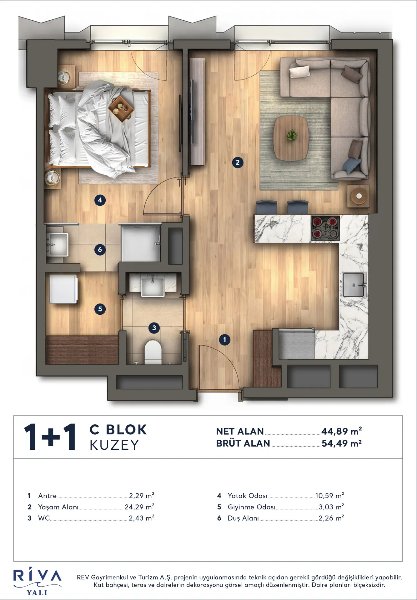 1+1 C Blok Kuzey mobilyalı kat planı