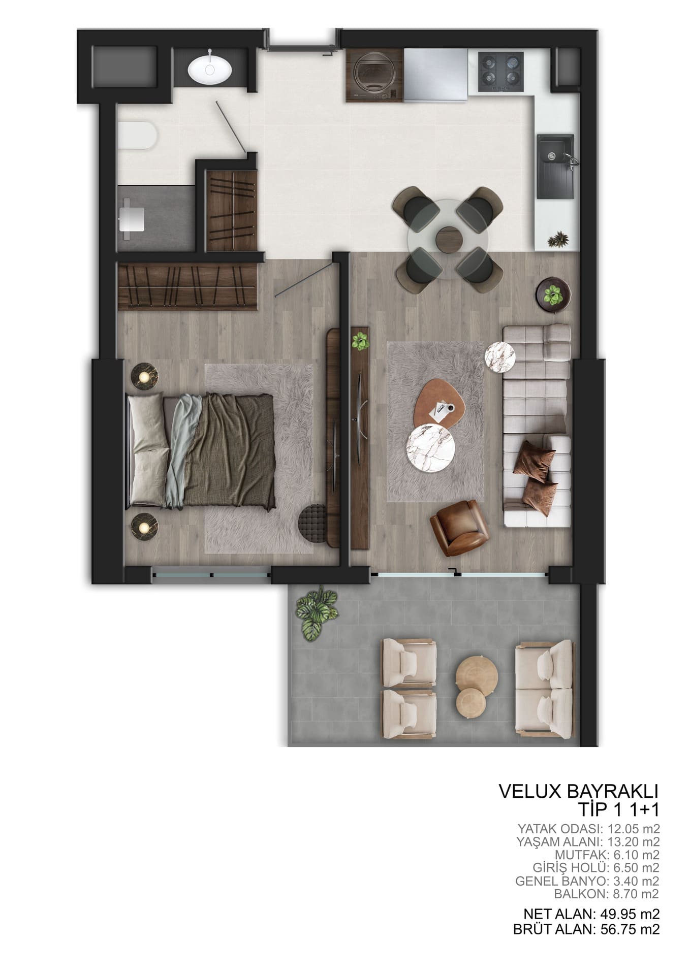 1+1 mobilyalı kat planı